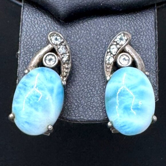 Marahlago Sterling Silver Larimar Gemstone Earrings CZ Accents Oval Shape Omega - Picture 1 of 6